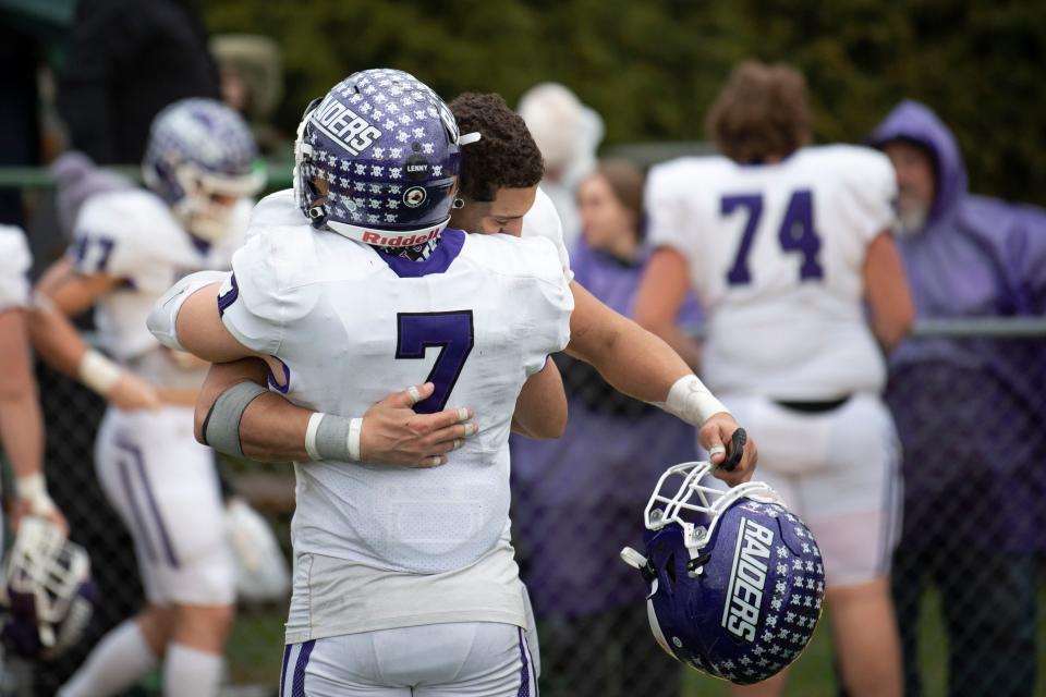 Mount Union players cheer after their win over Delaware Valley at Delaware Valley University on Saturday, Dec. 3, 2022. The Raiders defeated the Aggies 22-6 in NCAA quarterfinal game.