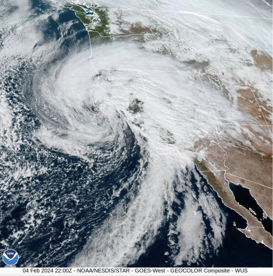 Satellite image of powerful storm over California at 2 p.m. on Sunday.