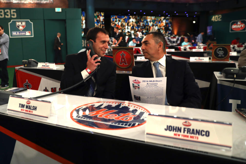 SECAUCUS, NJ - JUNE 9:  New York Mets representatives Tim Walsh and John Franco pose for a photo prior to the 2016 Major League Baseball First-Year Player Draft  at the MLB Network on Thursday, June 9, 2016 in Secaucus, New Jersey. (Photo by Matthew Ziegler/MLB Photo via Getty Images) 