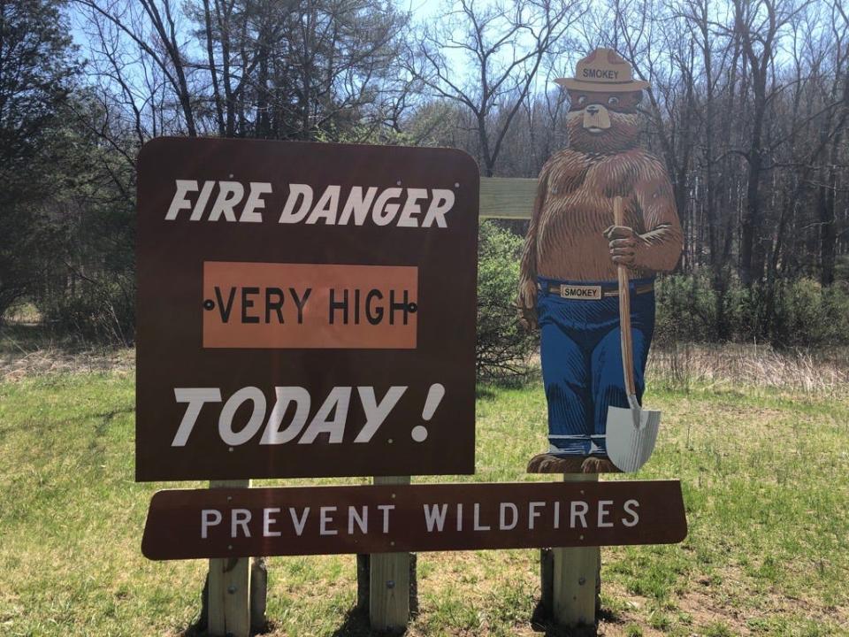 The fire danger was very high on Thursday, April 13, 2023, as shown on the Smokey the Bear sign on Route 209 in Bushkill entering Delaware Water Gap National Recreation Area.