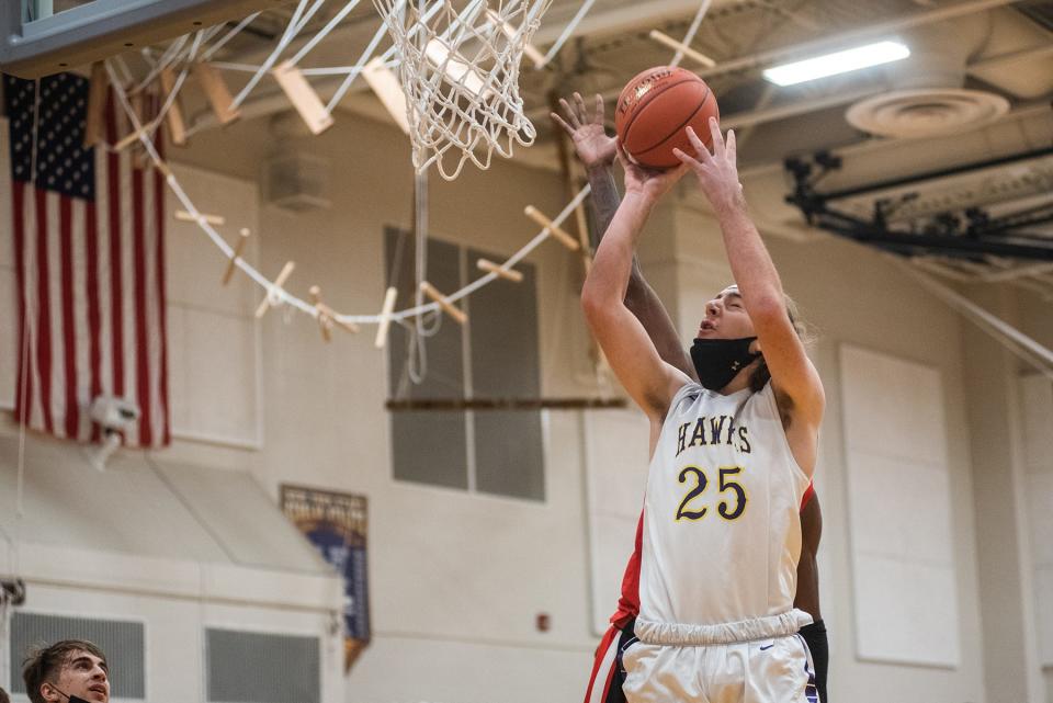 Rhinebeck's Richie Dentico shoots against Onteora on Friday in Rhinebeck.