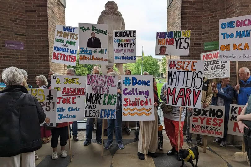 Residents of Knowle outside City Hall on Wednesday, September 13, ahead of meeting of the full council at Bristol City Council, campaigning against the awarding of planning permission to the 'Redcatch Quarter' development to replace the Broadwalk Shopping Centre