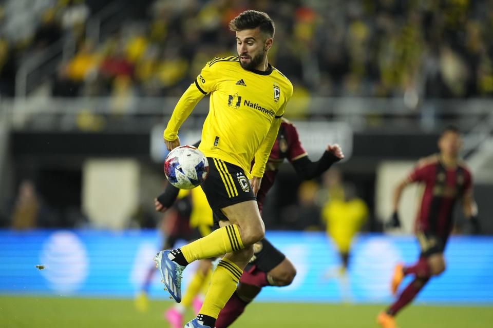 Crew forward Diego Rossi controls the against Atlanta in the MLS playoffs on Nov. 1.