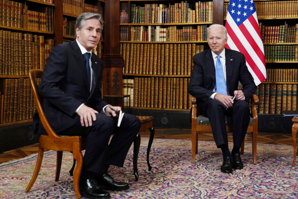 President Joe Biden and Secretary of State Antony Blinken, as they meet with Russian President Vladimir Putin, Wednesday, June 16, 2021, in Geneva, Switzerland. 