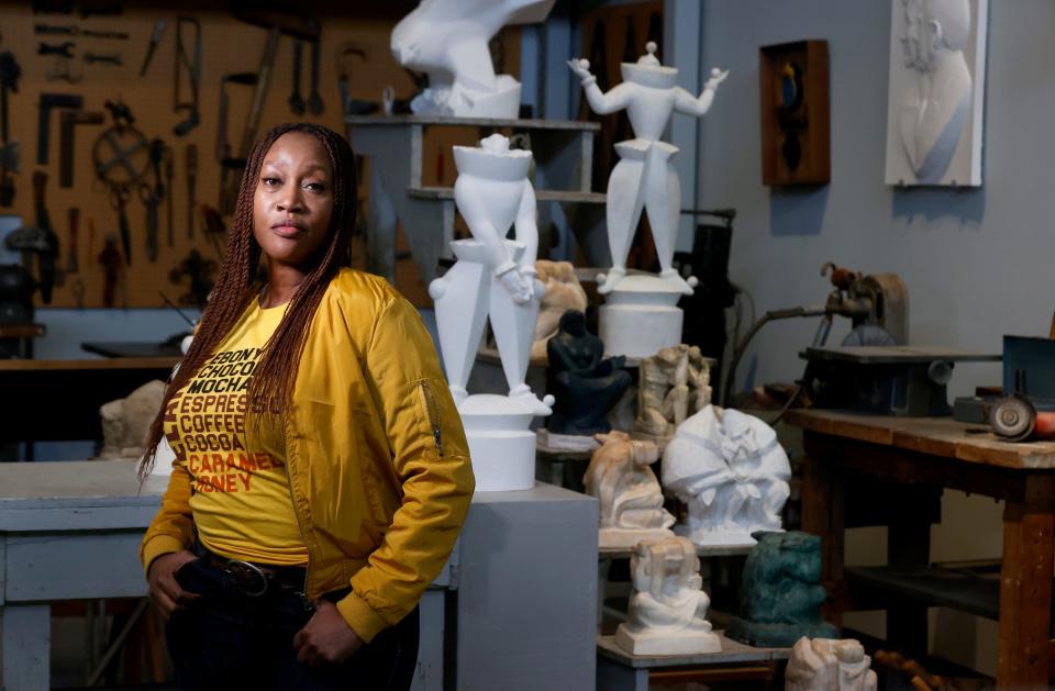 Nyesha Clark-Young, an artist and art teacher inside of the Marshall M. Fredericks Sculpture Museum in Saginaw on Thursday, April 4, 2024.