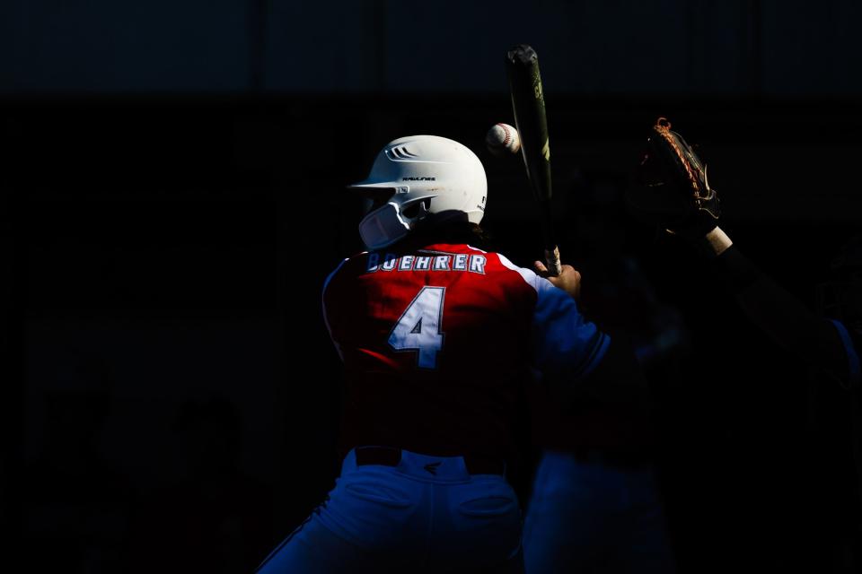 The ball goes past Manti’s Bryce Boehrer (4) as a beam of sunlight illuminates him during the 3A boys baseball quarterfinals at Kearns High School in Kearns on May 11, 2023. | Ryan Sun, Deseret News