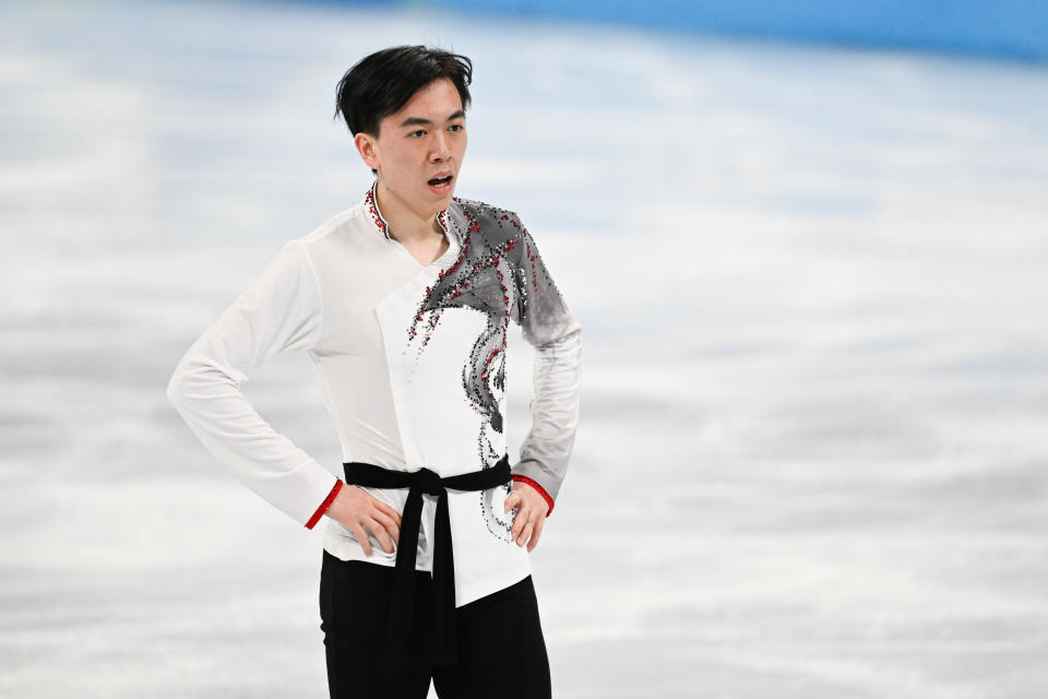 U.S. figure skater Vincent Zhou looks on after the team event men's skate during the 2022 Winter Olympics at Capital Indoor Stadium on February 6, 2022 in Beijing, China. (Mario Hommes/DeFodi Images via Getty Images)