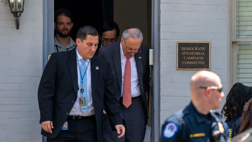 Senate Majority Leader Chuck Schumer leaves after a private meeting between Senate Democrats and President Joe Biden's senior advisors Mike Donlion, Steve Richetti and campaign chair Jen O'Malley Dillon at the Democratic Senatorial Campaign Committee on July 11, 2024 in Washington, DC. - Bonnie Cash/Getty Images