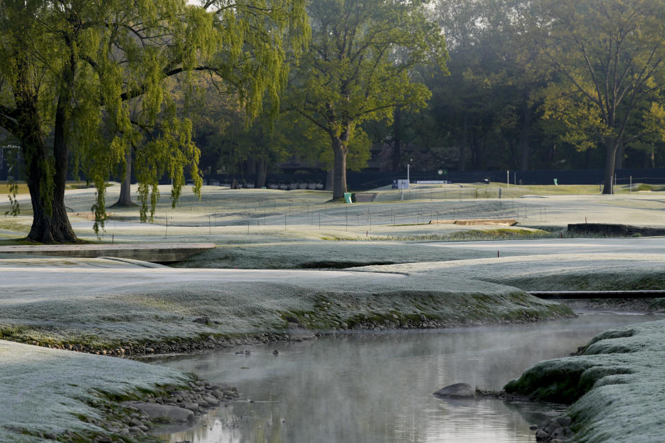 The course is closed during during a frost delay before the first round of the PGA Championship golf tournament at Oak Hill Country Club on Thursday, May 18, 2023, in Pittsford, N.Y. (AP Photo/Seth Wenig)