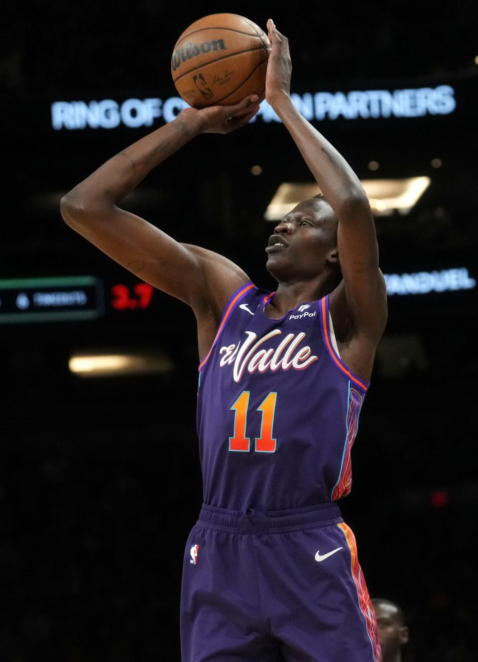 Phoenix Suns center Bol Bol (11) makes a 3-point shot against the Boston Celtics at Footprint Center.