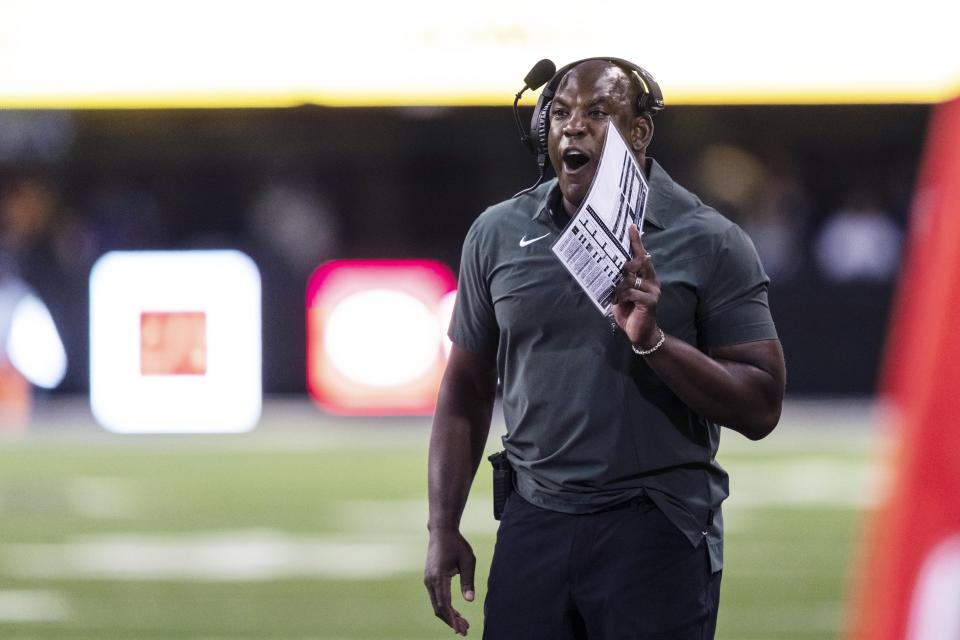 Michigan State head head coach Mel Tucker is enduing a tough start to the 2022 season coming off a stellar 11-2 campaign in 2021. (AP Photo/Stephen Brashear)