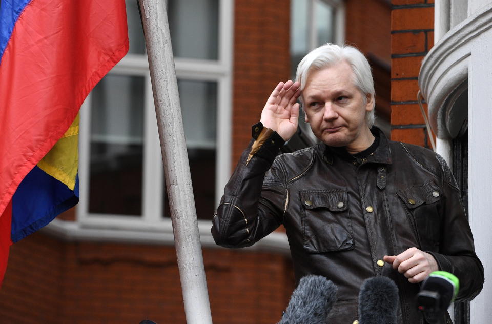 Assange speaks to reporters on the balcony of the Ecuadorian Embassy in May 2017. Source: AAP