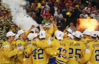 Ice Hockey - 2017 IIHF World Championship - Gold medal game - Canada v Sweden - Cologne, Germany - 22/5/17 - Players of Sweden celebrate their victory. REUTERS/Grigory Dukor