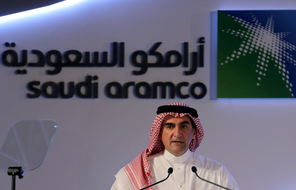 Yasser al-Rumayyan, Saudi Aramco's chairman, speaks during a news conference at the Plaza Conference Center in Dhahran, Saudi Arabia November 3, 2019. REUTERS/Hamad I Mohammed