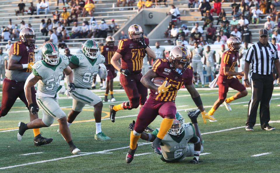 Bethune-Cookman University's Que'shaun Byrd #5 runs for some yardage in a 2021 game against Mississippi Valley State at Daytona's Municipal Stadium.