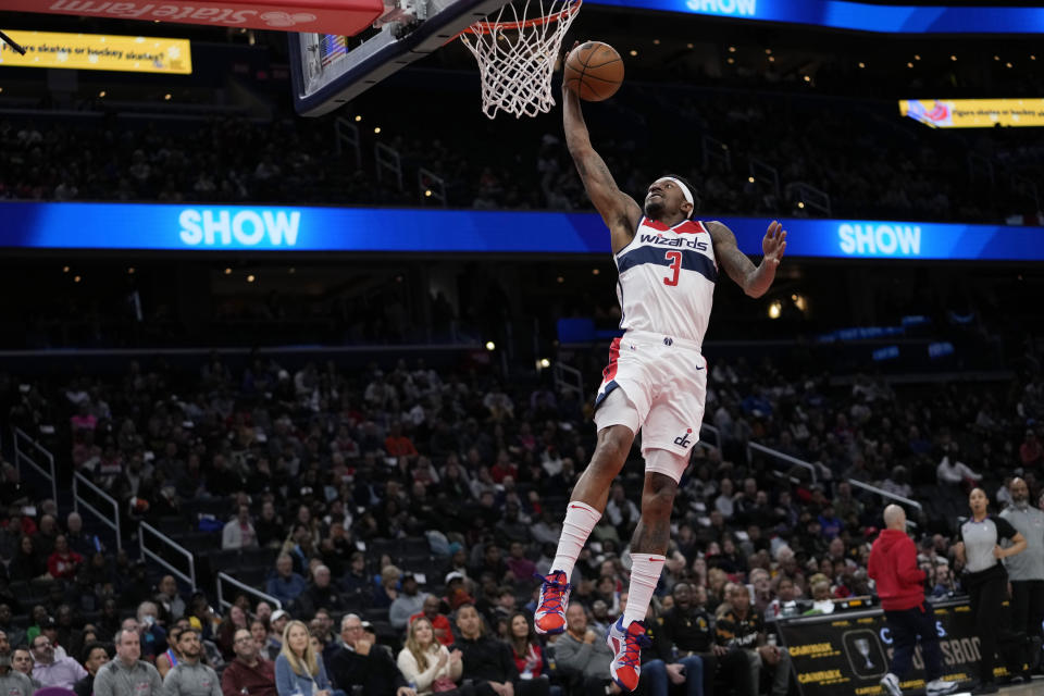 FILE - Washington Wizards guard Bradley Beal (3) shot the ball during the first half of an NBA basketball game against the Detroit Pistons Tuesday, March 14, 2023, in Washington. Beal is being traded to Phoenix after the Wizards and the Suns agreed Sunday, June 18, 2023, on the first blockbuster of the offseason, a person with knowledge of the negotiations said. (AP Photo/Carolyn Kaster, File)