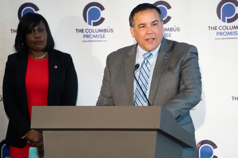 Columbus Mayor Andrew J. Ginther speaks Thursday during a news conference where it was announced that more than 700 Columbus City Schools 2022 graduates have applied for the Columbus Promise initiative to get free tuition and fees for up to six semesters at Columbus State Community College.