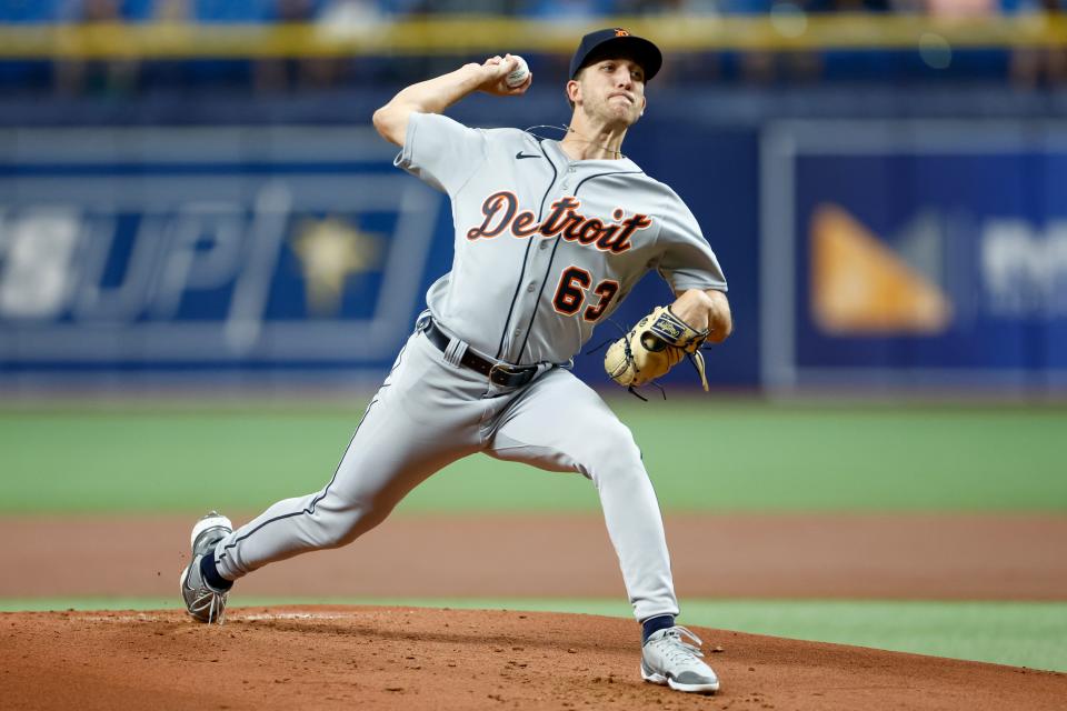 Tigers pitcher Beau Brieske throws a pitch during the first inning against the Rays on Tuesday, May 17, 2022, in St. Petersburg, Florida.