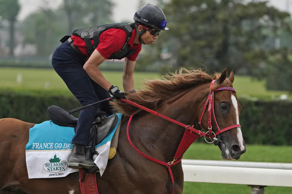 France Go De Ina trains the day before the 153rd running of the Belmont Stakes horse race in Elmont, N.Y., Friday, June 4, 2021. (AP Photo/Seth Wenig)