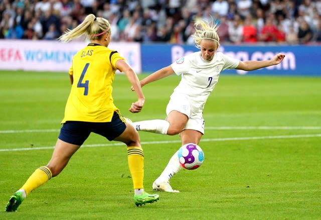 England’s Beth Mead scores her sides first goal of the game during the UEFA Women’s Euro 2022 semi-final match at Bramall Lane, Sheffield