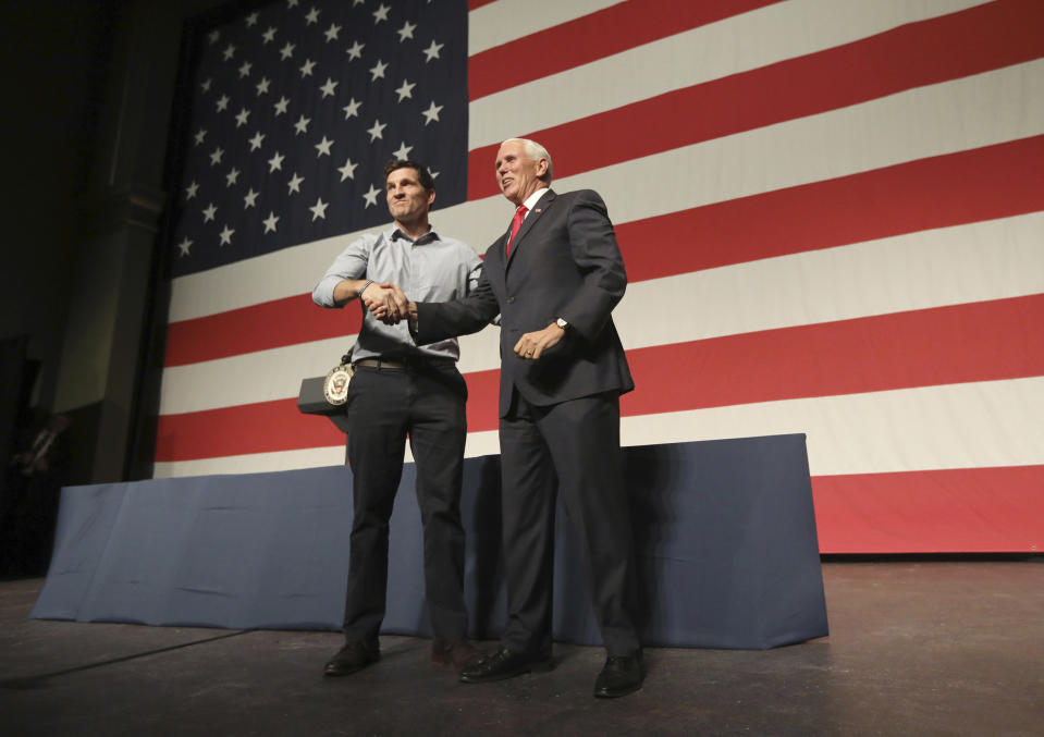 Vice President Mike Pence, right, campaigns with incumbent Republican Rep. Scott Taylor at Regent University in Virginia Beach, Va., Oct. 24, 2018. (Photo: Steve Earley/Virginian-Pilot via AP)