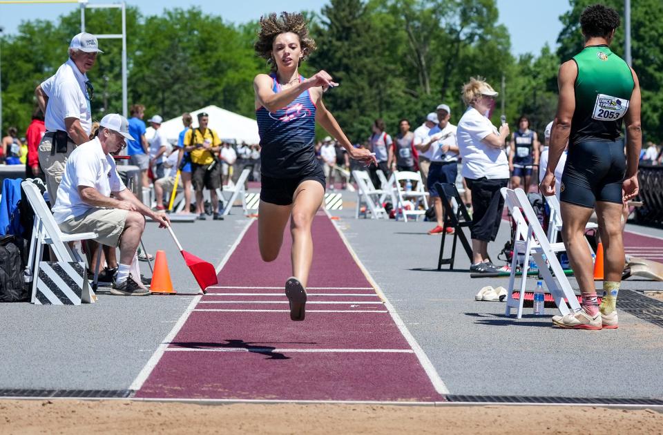 Wisconsin Lutheran senior Jaiah Hopf (1437) competes in the Division 1 triple jump category during the WIAA state track and field meet Friday, June 3, 2022, Veterans Memorial Stadium Complex in La Crosse, Wis. Hopf won the event.