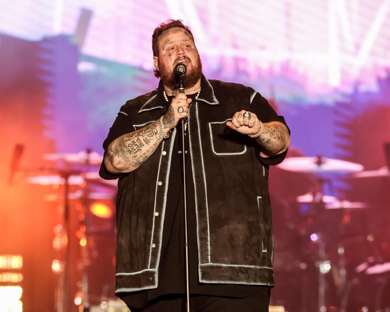 Jason Bradley DeFord, known professionally as Jelly Roll, performs in front of a sold out Grandstand at the Iowa State Fair on Saturday, Aug. 10, 2024.