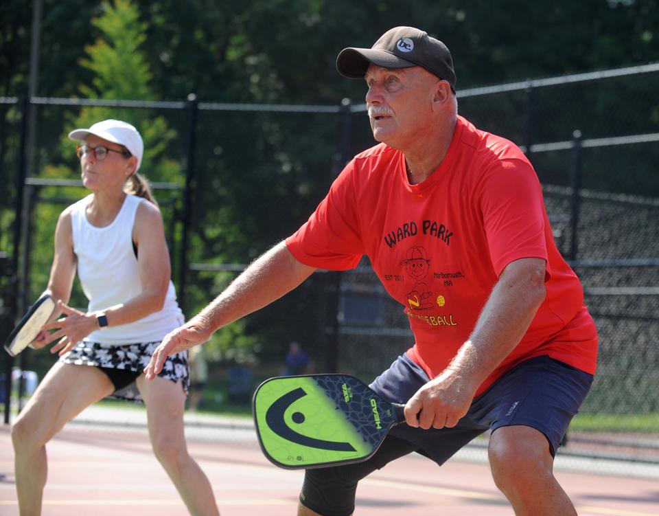 Kevin Wentzell, of Hudson, plays pickleball at Ward Park in Marlborough, July 27, 2021.