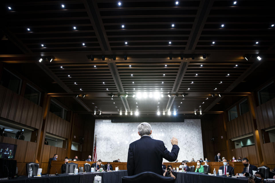 Judge Merrick Garland, nominee to be Attorney General, is sworn in at his confirmation hearing before the Senate Judiciary Committee, Monday, Feb. 22, 2021 on Capitol Hill in Washington. (Al Drago/Pool via AP)