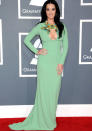 Celebrities in pastel fashion: Katy Perry wore this mint green Gucci Resort 2013 dress to the Grammys.<br><br>© Rex