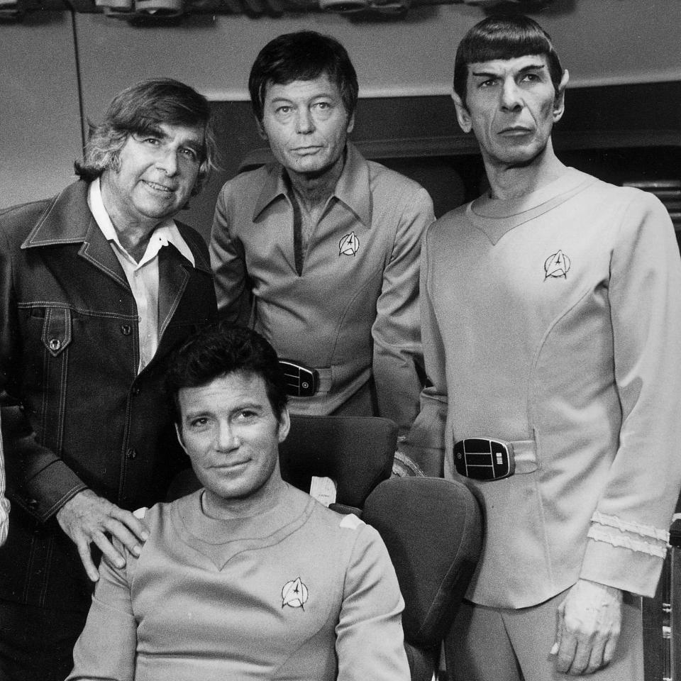 Gene Roddenberry, William Shatner, DeForest Kelley and Leonard Nimoy on the set of Star Trek: The Motion Picture in 1978 - Credit: AP Photo/File