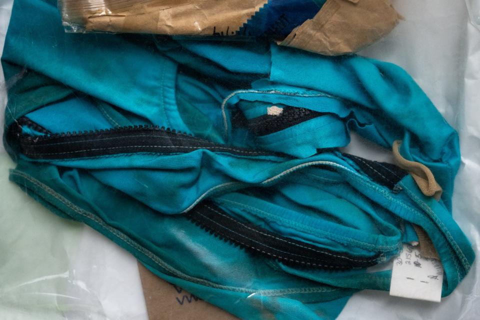 The turquoise bodysuit that Melanie Bernas was found wearing when her body was dragged out of the canal. Police believe Bryan Patrick Miller dressed her in it after killing her. It was entered as evidence for his trial.