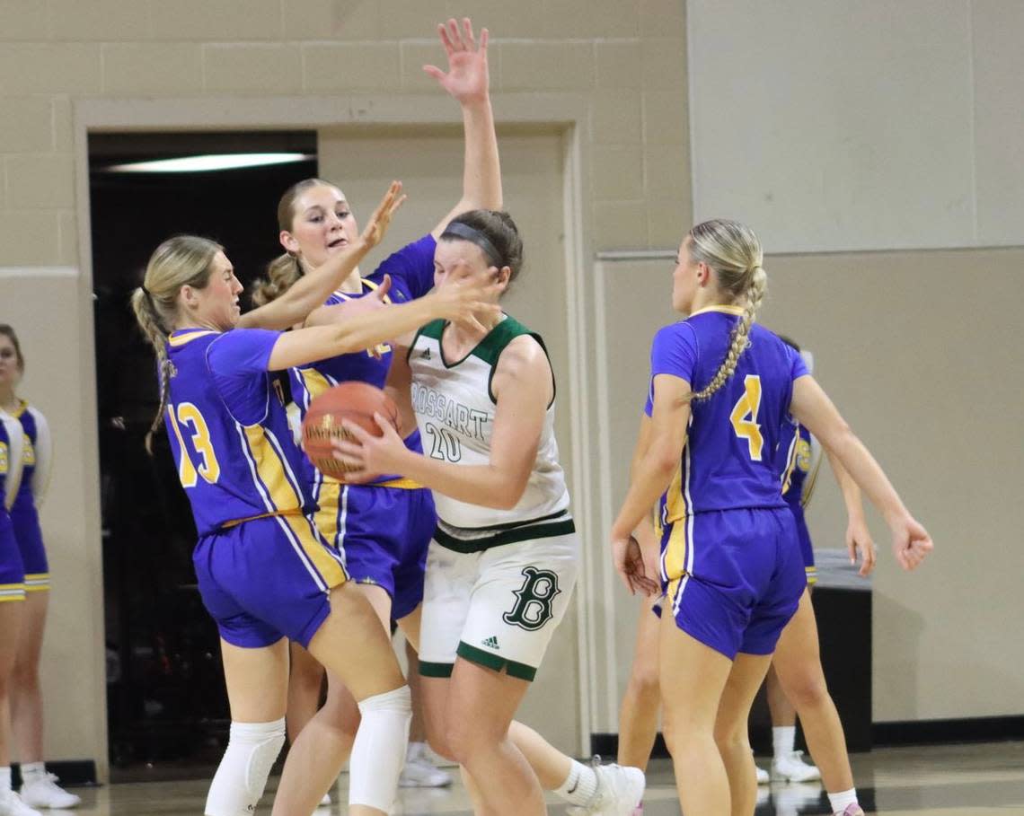 Bethlehem’s Carlie Thurmond (13), Emma Filiatreau and Kensey Clayton (4) try to trap Bishop Brossart’s Molly Kramer during Friday’s quarterfinal game in the All “A” Classic.