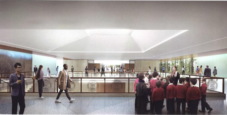 A digital rendering of Heritage Hall's south lobby. Heritage Hall is an auditorium and conference center proposed for the Capitol grounds.