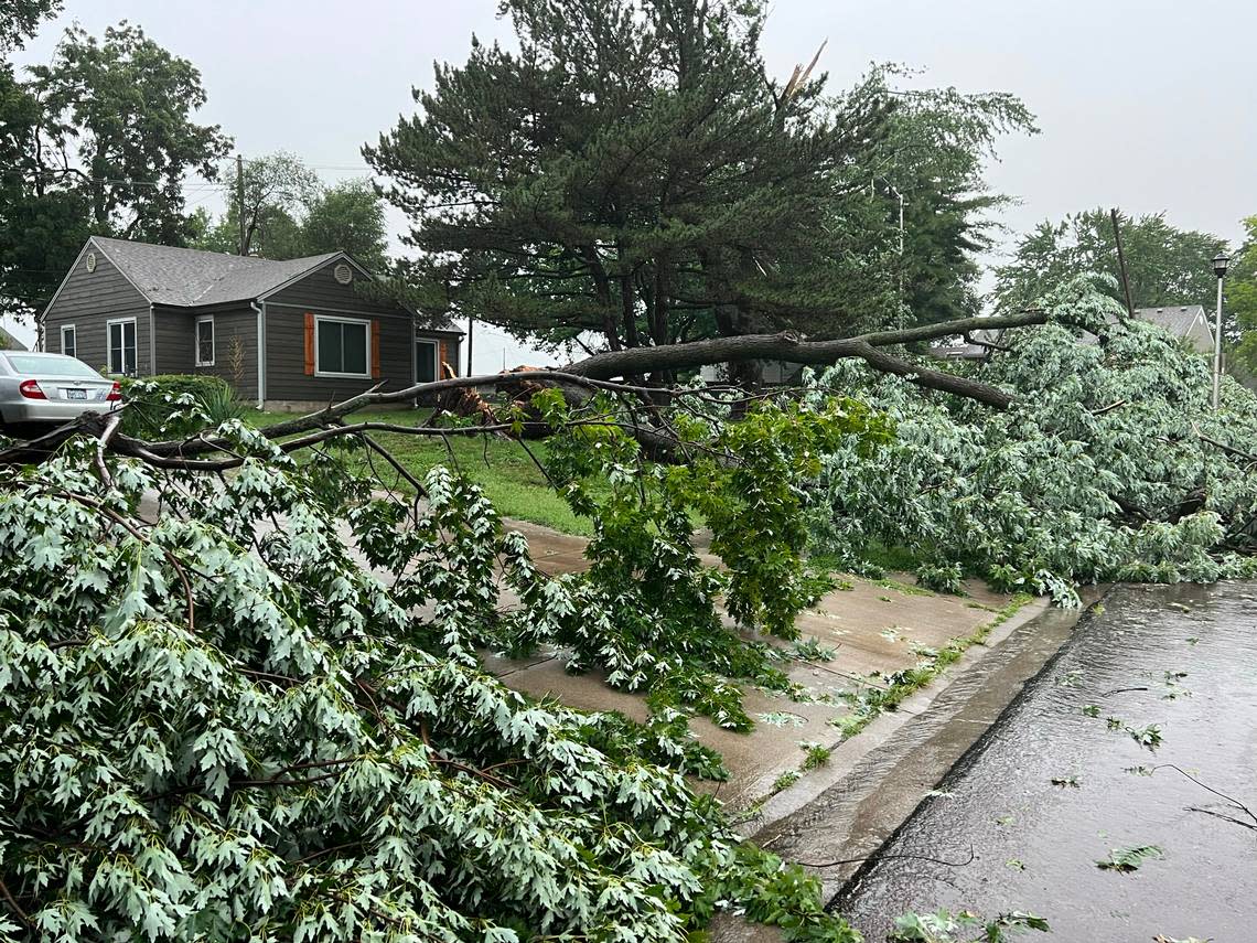 A large tree lies toppled in the front yard of a home in an Overland Park neighborhood Friday near 75th St. and Santa Fe after strong storms rolled through the area. Tammy Ljungblad/tljunglad@kcstar.com