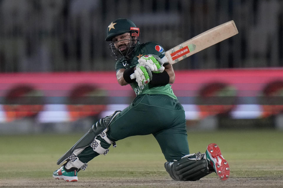 Pakistan's Mohammad Rizwan bats during the first one-day international cricket match between Pakistan and New Zealand, in Rawalpindi, Pakistan, Thursday, April 27, 2023. (AP Photo/Anjum Naveed)