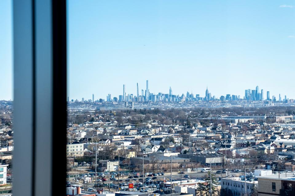 The Helena Theurer Pavilion is a new 530,000-square-foot, nine-story surgical and intensive care tower at Hackensack University Medical Center in Hackensack, NJ. A view of the Manhattan skyline as seen from one of the patient rooms is shown on Tuesday, March 7, 2023.