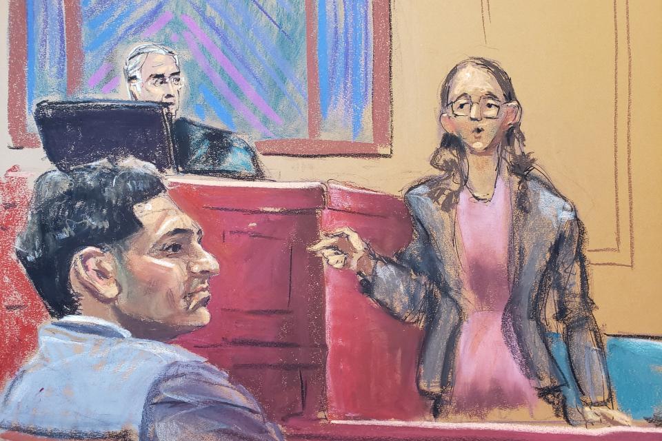 A courtroom sketch from United States v. Samuel Bankman-Fried shows Judge Lewis Kaplan looking at Caroline Ellison while she stands up and points toward Sam Bankman-Fried.