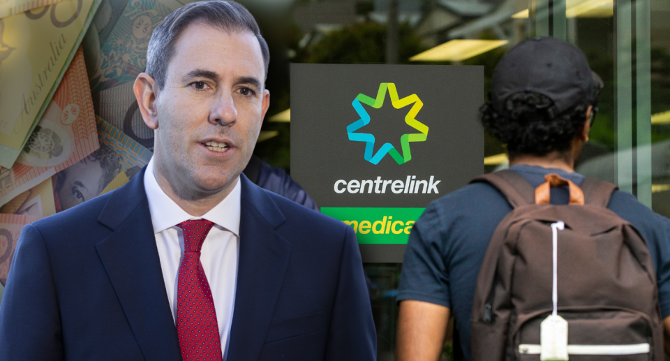 Treasurer Jim Chalmers next to someone standing outside a Centrelink sign