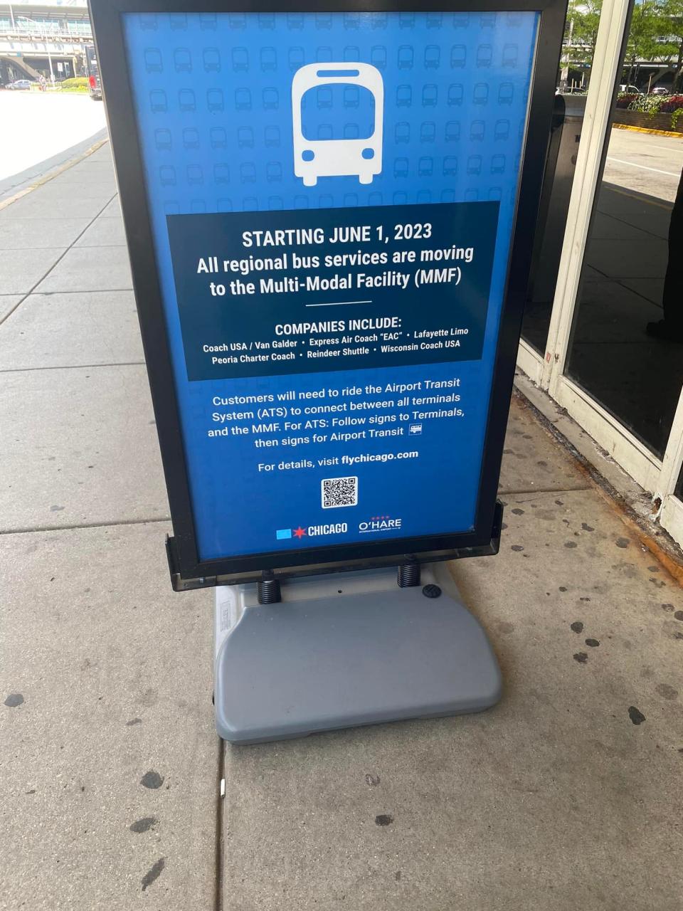 A sign outside the former bus/shuttle terminal at O'Hare International Airport alerts passengers that the pickup location for regional buses has been moved.