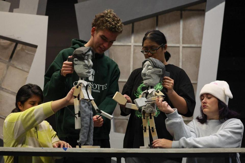 Students of the UNC Charlotte Department of Theatre run through a rehearsal of a puppetry production based on the famous silent German Expressionist film “The Cabinet of Dr. Caligari” on Friday, October 20, 2023 in Charlotte, NC. The production will premiere on Thursday, November 2nd and run through November 5th, 2023 at the Black Box Theater.