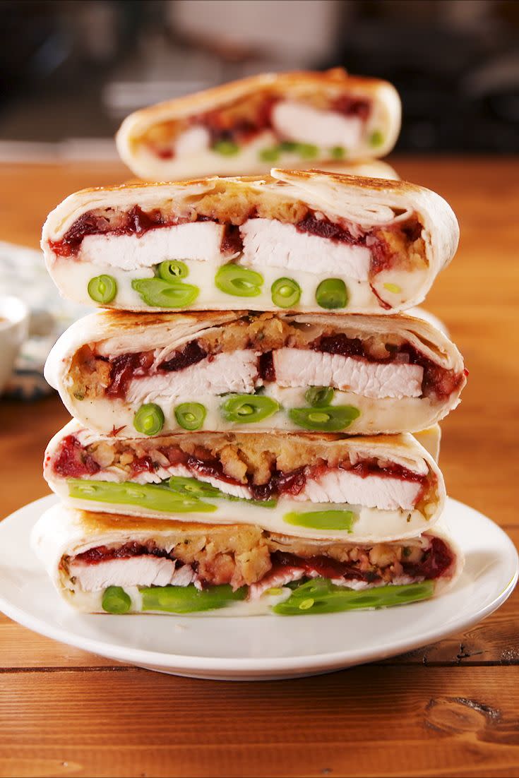 <p>Tired of the same ol' <a href="https://www.delish.com/cooking/recipe-ideas/a25103566/thanksgiving-sandwich-recipe/" rel="nofollow noopener" target="_blank" data-ylk="slk:leftover Thanksgiving sandwich;elm:context_link;itc:0;sec:content-canvas" class="link ">leftover Thanksgiving sandwich</a>? This crunchwrap is the perfect way to shake things up. Don't have all the leftover ingredients? No worries! Just use what you've got. Everything short of <a href="https://www.delish.com/cooking/recipe-ideas/recipes/a55688/easy-homemade-pumpkin-pie-recipe-from-scratch/" rel="nofollow noopener" target="_blank" data-ylk="slk:pumpkin pie;elm:context_link;itc:0;sec:content-canvas" class="link ">pumpkin pie</a> will work just fine. 😎 <br><br>Get the <strong><a href="https://www.delish.com/holiday-recipes/thanksgiving/a25223451/thanksgiving-crunchwrap-recipe/" rel="nofollow noopener" target="_blank" data-ylk="slk:Thanksgiving Crunchwrap recipe;elm:context_link;itc:0;sec:content-canvas" class="link ">Thanksgiving Crunchwrap recipe</a></strong>.</p>