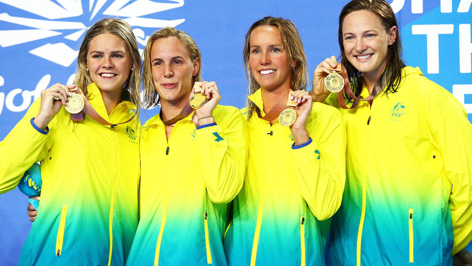 Shayna Jack (L) with Bronte Campbell, Emma Mckeon and Cate Campbell at the 2018 Commonwealth Games on the Gold Coast.  (Photo by Clive Rose/Getty Images)