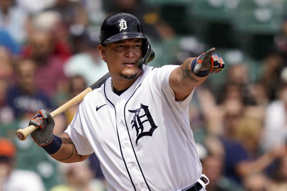 Detroit Tigers star Miguel Cabrera points during an at-bat in July.
