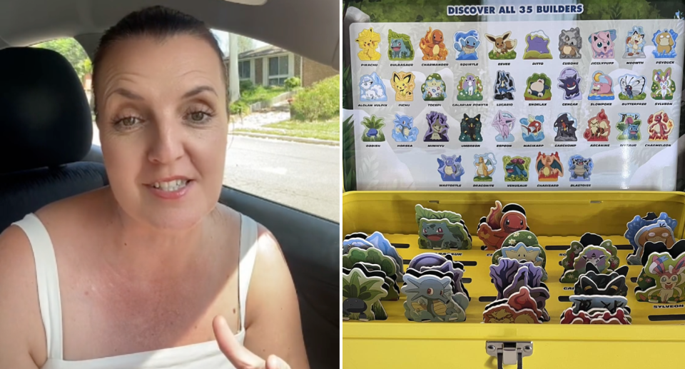Left image of Tara talking to camera in her TikTok. She has brown hair pulled back and brown eyes and is wearing a white singlet. Right image is of a collection of the Coles Pokémon Builders in a yellow case.