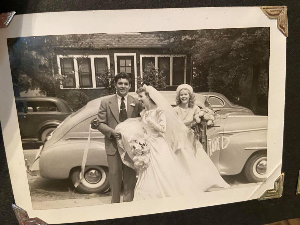 A photo in a family album features R. Max and Patricia (Ehresman) Morehouse of Lafayette, Ind., on their wedding day, July 11, 1948.