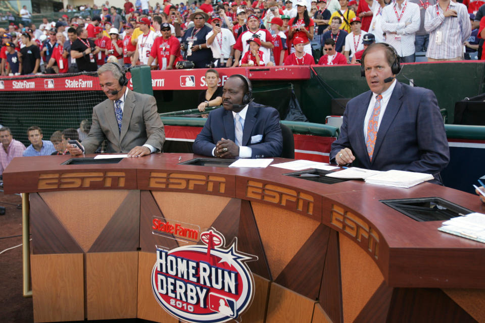 ESPN's Bobby Valentine, Joe Morgan and Chris Berman broadcasting during the 2010 State Farm Home Run Derby at Angel Stadium of Anaheim on July 12, 2010 in Anaheim, California. (Photo by Michael Zagaris/Getty Images)