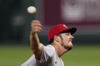 Cincinnati Reds starting pitcher Trevor Bauer throws during the seventh inning of game two of a baseball doubleheader against the Kansas City Royals Wednesday, Aug. 19, 2020, in Kansas City, Mo. The Reds won 5-0. (AP Photo/Charlie Riedel)