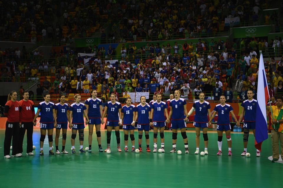 <p>Russia stands for their national anthem during the Women’s Handball Gold medal match between France and Russia at Future Arena on Day 15 of the Rio 2016 Olympic Games at the Future Arena on August 20, 2016 in Rio de Janeiro, Brazil. (Photo by David Ramos/Getty Images) </p>