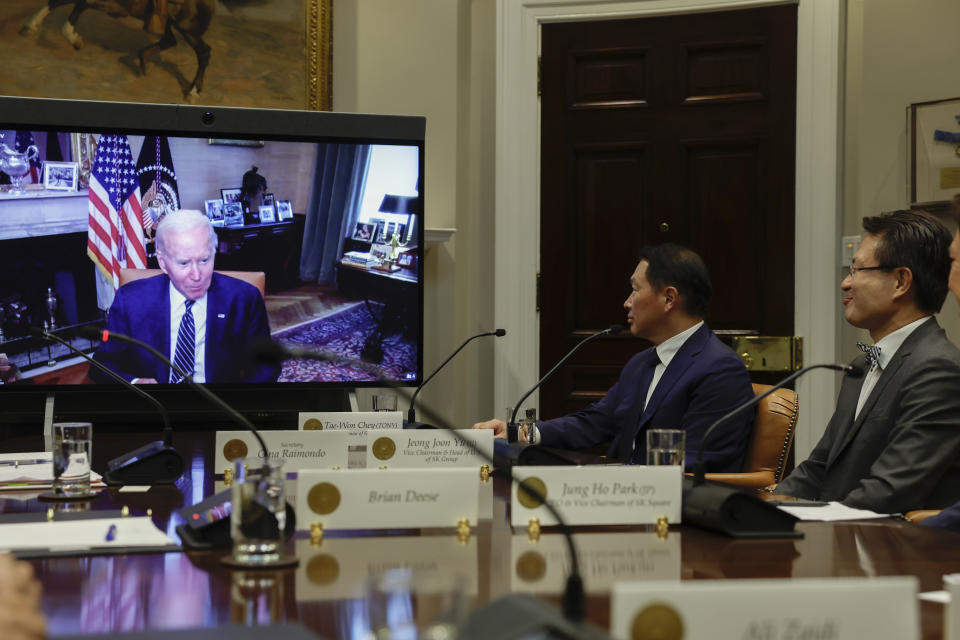 WASHINGTON, DC - JULY 26: U.S President Joe Biden participates virtually in a meeting with members of the SK Group, including the Chairman and Principal Owner Chey Tae-won in the White House on July 26, 2022 in Washington, DC. During the meeting President Biden discussed the company’s investments in United States manufacturing and jobs. (Photo by Anna Moneymaker/Getty Images)